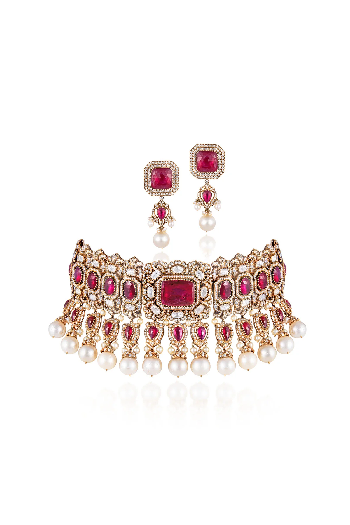 Legacy Bridal Ruby Polki Choker Set with Pearl Drops - Image 3
